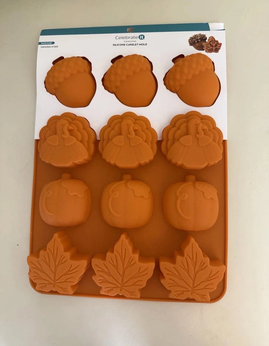 Celebrate It® Acorn, Turkey, Pumpkin & Leaf Silicone Cakelet Mold – Fall & Thanksgiving (New)