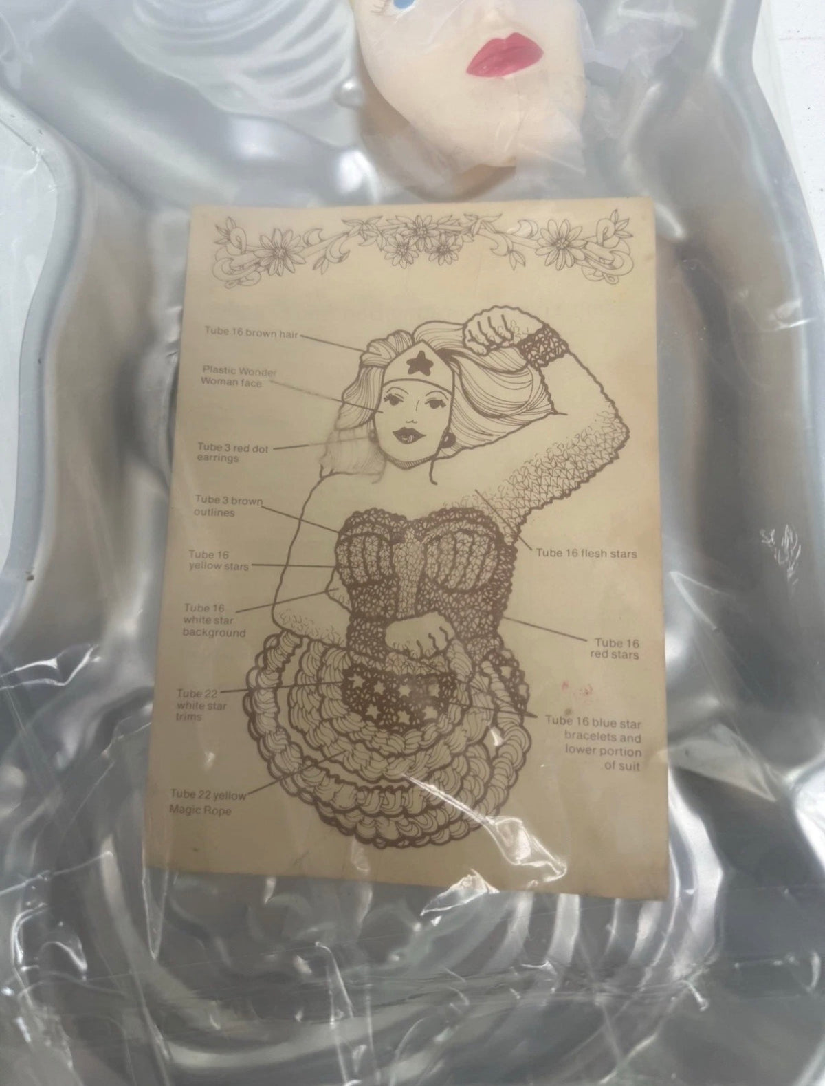 48 de muitas formas de bolo vintage Wilton Mulher-Maravilha 1978 com inserto de rosto e instruções – Colecionável DC Comics